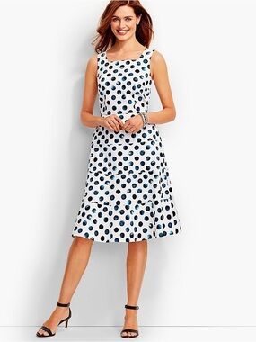 Talbots White Sleeveless A-Line Dress with Navy Polka Dots